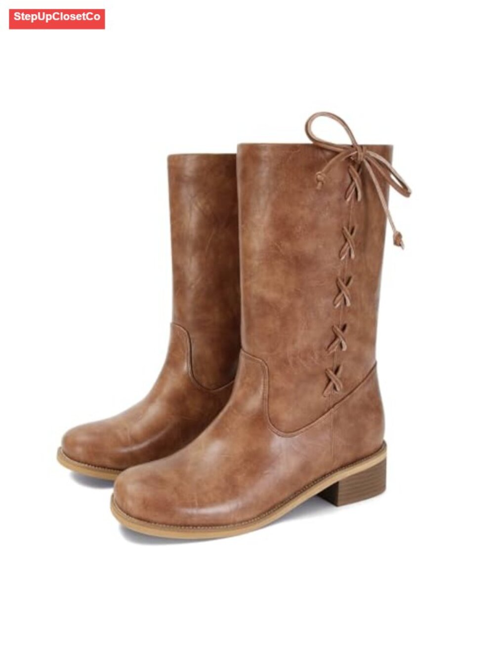 Women's Retro Mid-Calf Lace Up Leather Boots Low Heel Comfortable Fall Winter